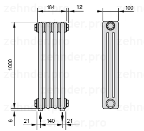 Схема (чертеж) Радиатор Zehnder Charleston 3100/4 №3570 Белый глянцевый RAL 9016